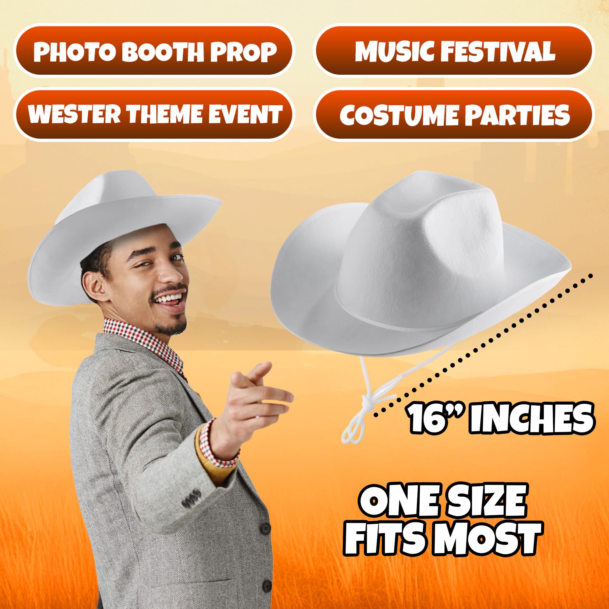 Bedwina White Cowboy Hats for Adults & Teens - (2 Pack) Felt Western Cowgirl & Cowboy Hats with Adjustable Chin Strap - Costume Accessory for Dress-Up, Rodeo, Party, Play, Festivals, Girls & Boys